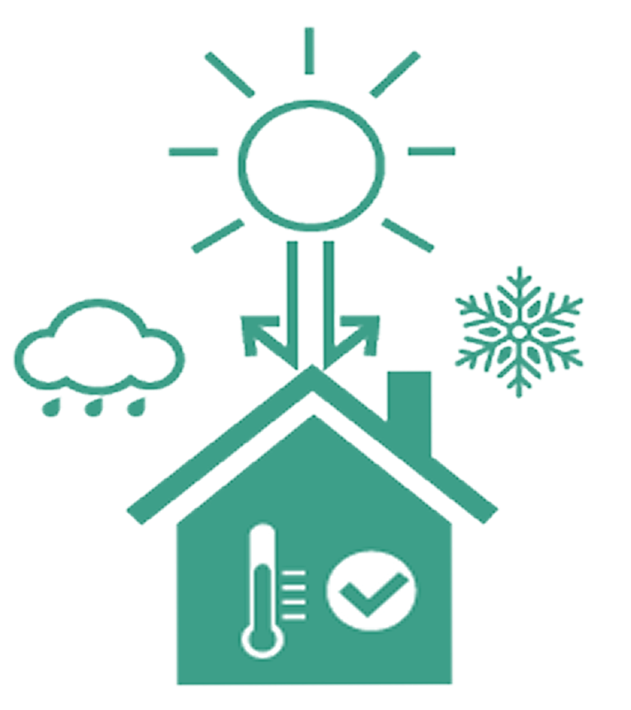 Icon depicting a house with thermal benefits, featuring sun, rain, and snow symbols, illustrating the effectiveness of insulated conservatory roof panels in maintaining temperature and comfort year-round.